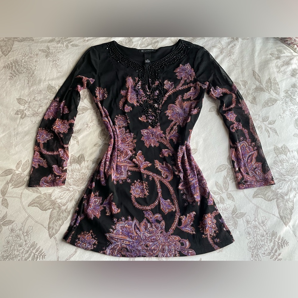 INC Y2K Purple Paisley Nylon Mesh Tunic Blouse Top‎ XS Boho Fairy Whimsical Work